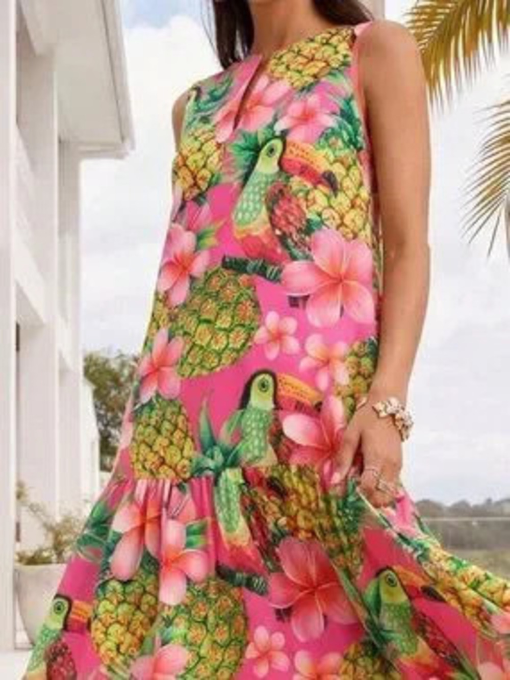 Multicolor Boho Women's Pineapple Bird Tropical Print Neck Slit Maxi Dress
